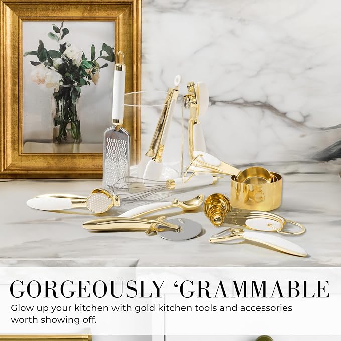 Styled Settings White & Gold Cooking Utensils Set, 8-Piece | Kitchen Utensils Set Includes Can Opener, Tongs and Garlic Press, White and Gold Kitchen Accessories for Kitchens