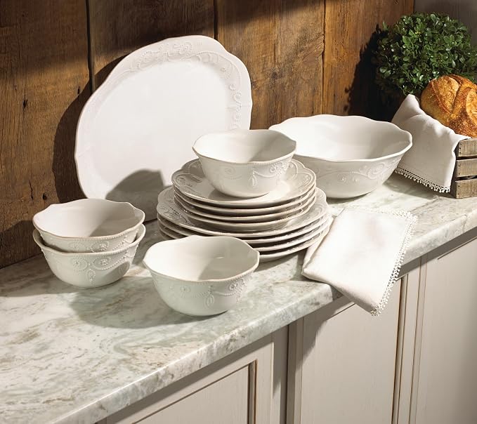 Lenox French Perle White Stoneware Dinnerware Set with All-Purpose Bowls | dishwasher safe, microwave safe | plates and bowls sets for kitchen and dining, dish set, dishes | 20oz
