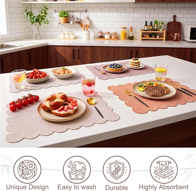 Linen Placemats Set of 12 Scalloped Placemat 13 X19 Wavy Embroidery Double Layered Washable Farmhouse Dinner Fabric Table Mat Napkin for Wedding Party Restaurant(Regular,Boho Colors)