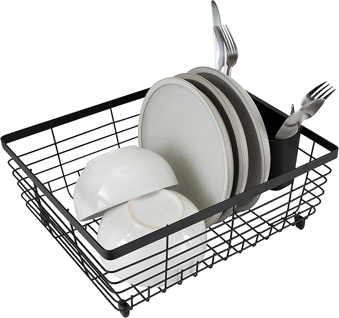 Kitchen Details Flat Wire Countertop or Over The Sink Dish Drying Rack with Cutlery Basket | Holds up 10 Dishes | Mugs | Kitchen Accessories | Black