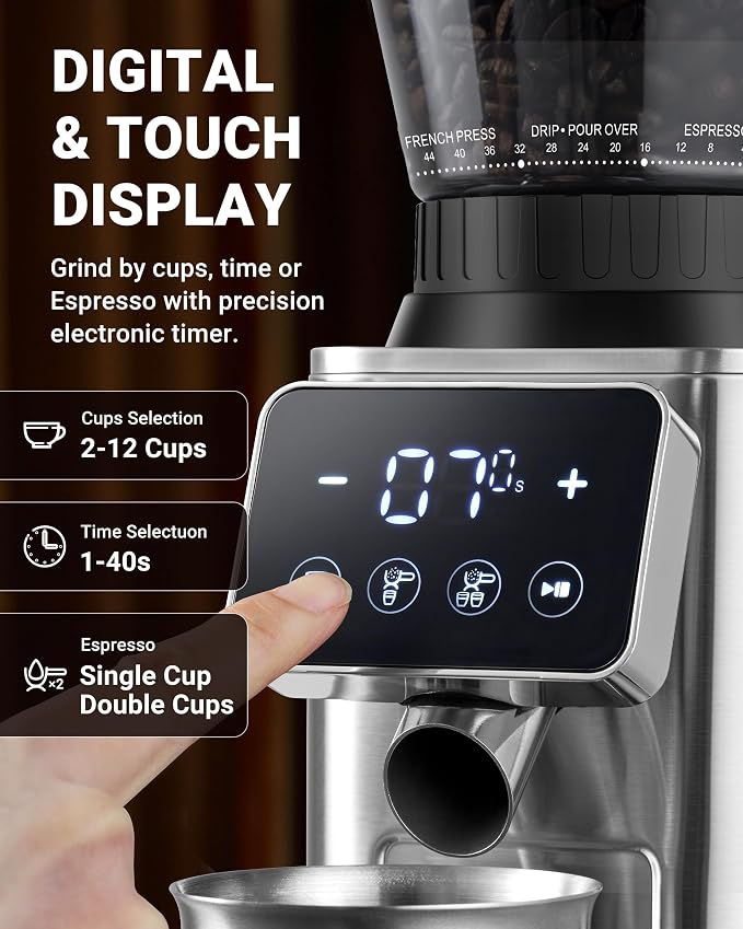 AMZCHEF Conical Burr Coffee Grinder, 48 Grind Settings, Anti-Static Burr Mill with Precision Timer & LED Touchscreen, for Espresso, Drip, Pour Over, Cold Brew & French Press, Stainless Steel, Silver