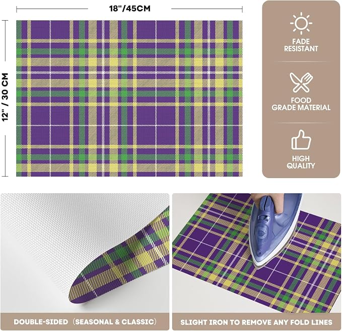 Artoid Mode Purple Striped Check Mardi Gras Vinyl Placemats Set of 4,Heat Resistant Non-Slip Woven Plastic PVC Place Mat for Party Kitchen Dining Decor