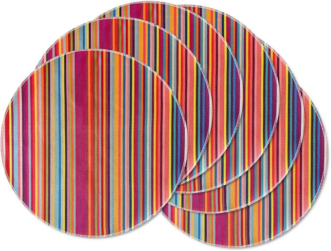 Bright Colorful Striped Round Placemats Set of 6, 12x18 Inch Mexican Rainbow Colored Geometric Pattern Table Mats for Holiday Party Kitchen Dining Room Decoration