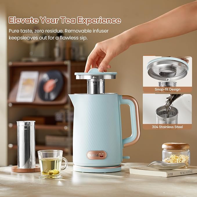 OLEGA Electric Kettle: 1200W Fast Boil Tea Kettles with Tea Infuser 1.5L | Stainless Steel Kettle; Electric Water Kettle with Strainer; Plastic Free Teapot; Auto Shut-Off Water Boiler