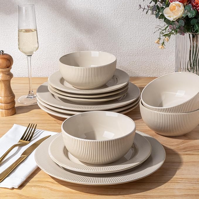 GBHOME Ceramic Dinnerware Sets of 4,12 pcs Plates and Bowls Sets Dishes | Embossed Elegant Stoneware Dishes Set | Dishwasher & Microwave Safe | Service for 4