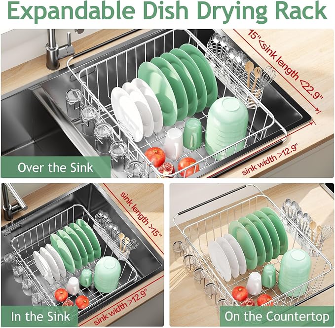 Fanbsy Dish Drying Rack in Sink, Extendable Stainless Steel Dish Drainers for Kitchen Counter, Anti-Rust Dish Dryer Rack with Utensil & Cup Holders, for Inside Sink, Over The Sink