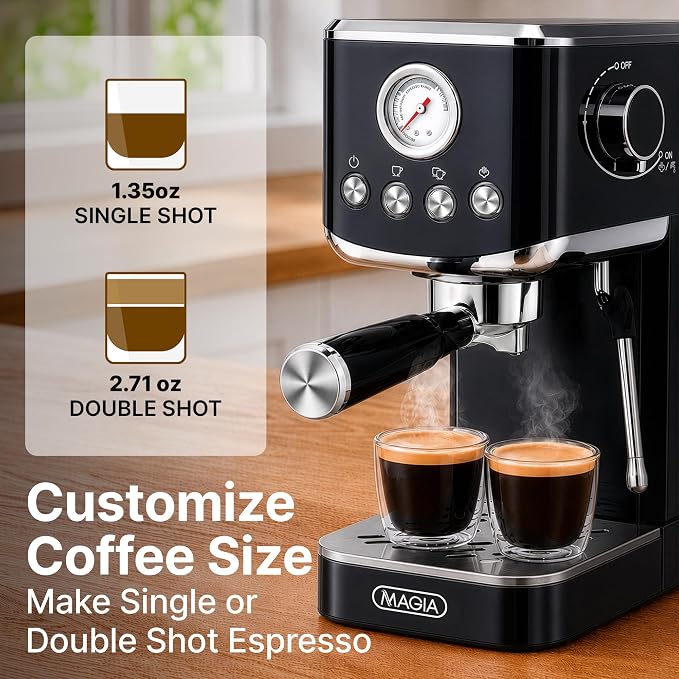 Zulay Kitchen Magia Compact Espresso Machine – 20 Bar Coffee Maker with Milk Frother Steam Wand, Latte & Cappuccino Maker, 1350W Fast Heating, 40oz Removable Water Tank, Stainless Steel – Black