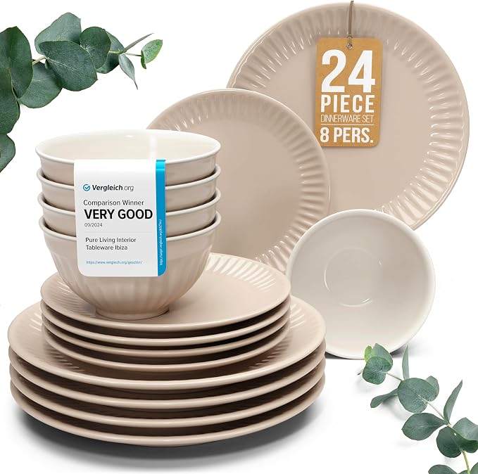 Stoneware Dinnerware Set for 8 People HYGGE 24-Piece - Elegant Scandi Design - Premium Dish Set - Bowl and Plate Set - Tableware for 8 People in a Ribbed Design - Pure Living in Light Brown