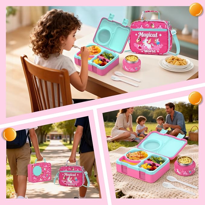 Bento Box for Kids, Leakproof Kids Lunch Box with 8.5OZ Thermo Food Jar & Lunch Bag, 3-4 Compartments Toddler Insulated Lunch Box for Girls, BPA Free Lunch Containers for School Daycare