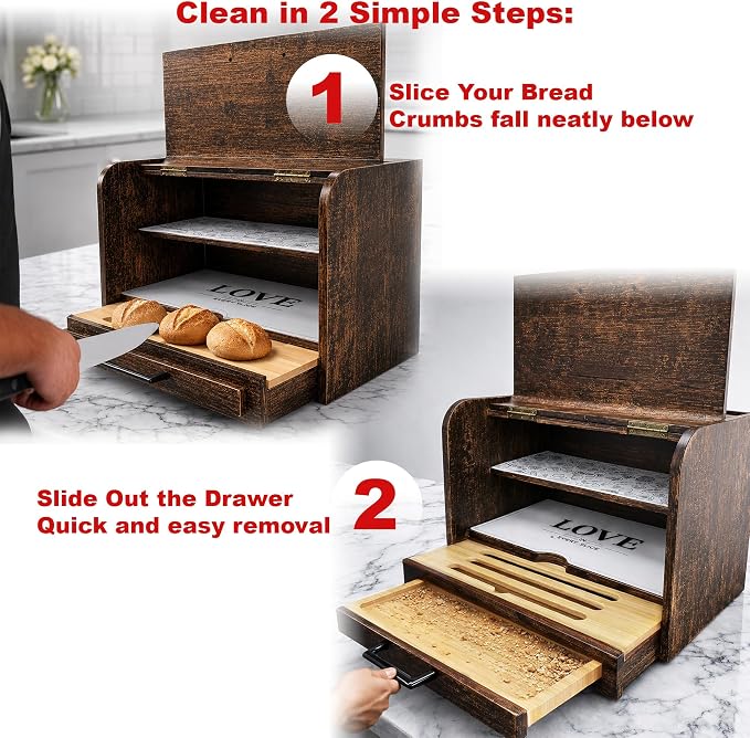 KNIFEPLANET Premium FULLY ASSEMBLED Rustic Bread Box – Extra Large Real Wood Bread Box for Kitchen Countertop Storage, Thick Durable Construction, Double Layer Design (17.5" x 10" x 12")