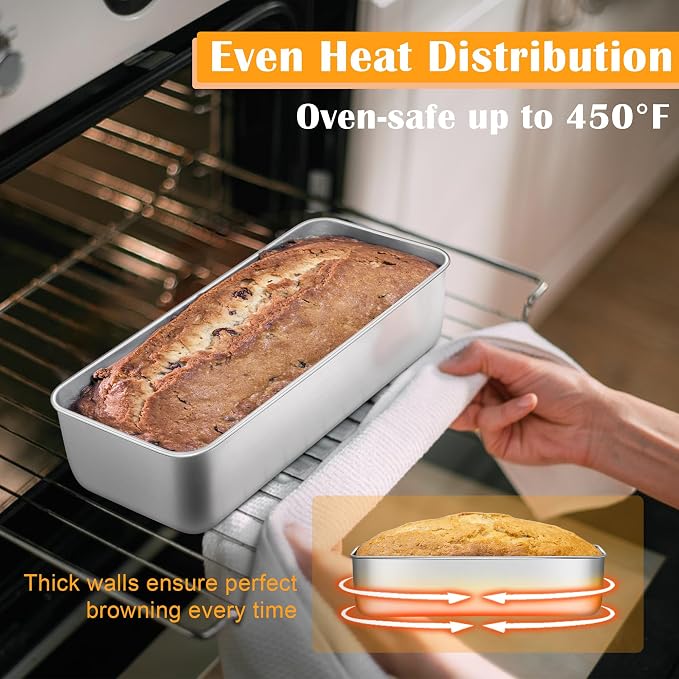 E-far Loaf Pan for Bread Baking-4 Pack, 12” x 5” Stainless Steel Loaf Pans | Large Long Metal Baking Tins for Homemade Bread, Banana Cake Meatloaf Sourdough Lasagna, Nontoxic & Dishwasher Safe