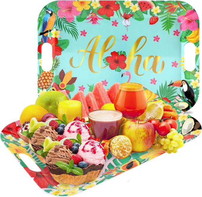 gisgfim 2PCS Summer Floral Serving Trays with Handles 16 X 11inch Large Melamine Tray Rectangular Hawaiian Luau Serving Platter Aloha Tropical Tray Melamine Dishes for Serving Food Outdoor Party Plate
