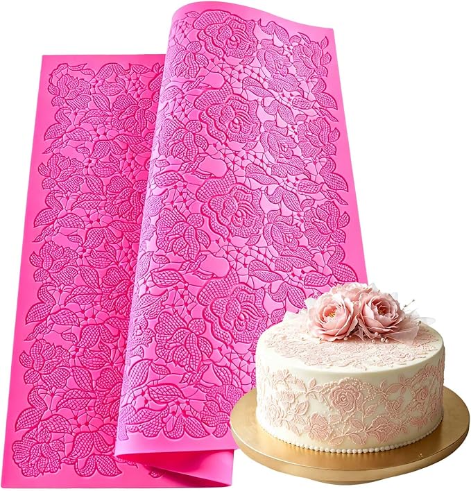 Silicone Cake Fondant Mat, Rose Impression Lace Mold | 16 x 12 Inch Texture Embosser Lace Mat for Cake Decoration, Buttercream, Candy, Soap, Chocolate, Mousse, Pottery, Clay