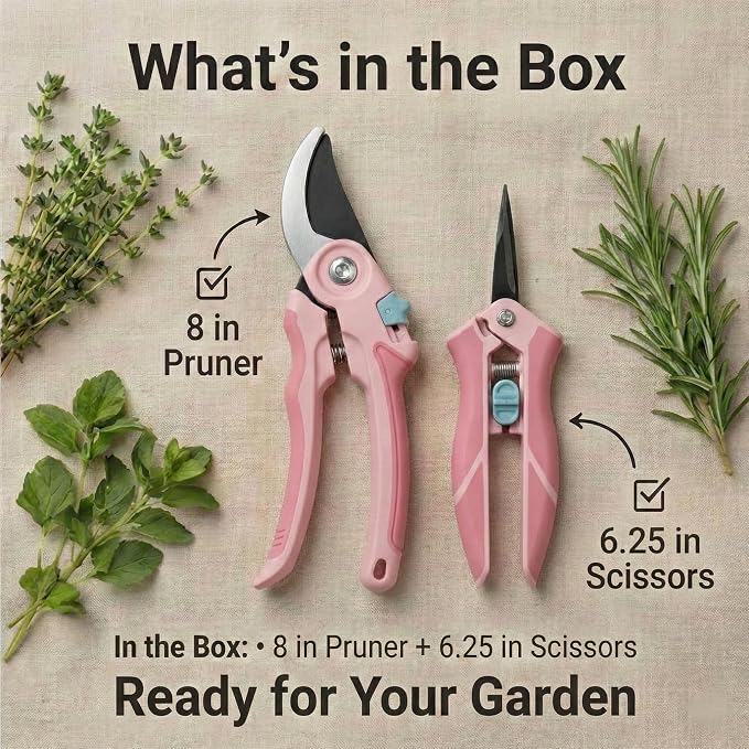 NEXON Pruning Shears 2-Pack — 8" Bypass Hand Pruner & 6.25" Precision Snips, SK5 Steel Blades with Non-Stick Coating, Lightweight Garden Shears for Roses, Flowers & Shrubs, Pink