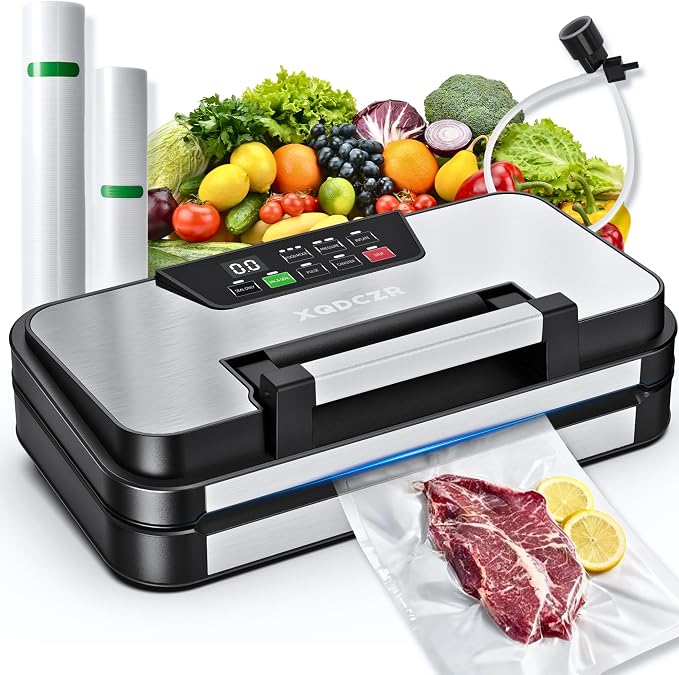 95kPa Vacuum Sealer Machine, Dual Pump, Vacuum & Inflate, Double Heat Seal | 10-in-1 Food Vacuum Sealer with Easy-Lock Handle, Built-In Cutter, Bag Storage, Hose & 2 Bag Rolls, Stainless Steel Design