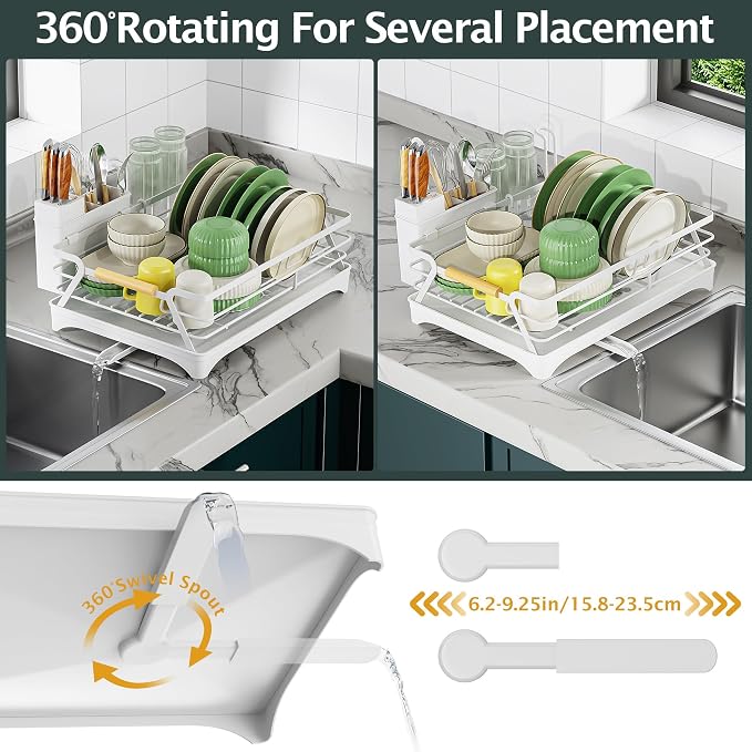 Epicano Dish Drying Rack for Kitchen Counter,Large Capacity,White | Raised Feet,Rustproof,Wooden Handle,Auto-Drainage System,Cup Holder & Knife Slots, Sink Storage Organizer