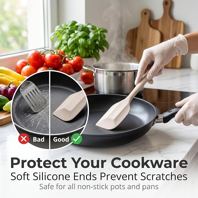 LIANYU Non-Toxic Kitchen Cooking Utensils Set, 8Pcs Khaki Silicone Utensils | Stainless Steel Core, Non-Scratch Spatula Spoon Turner, Heat Resistant & Dishwasher Safe