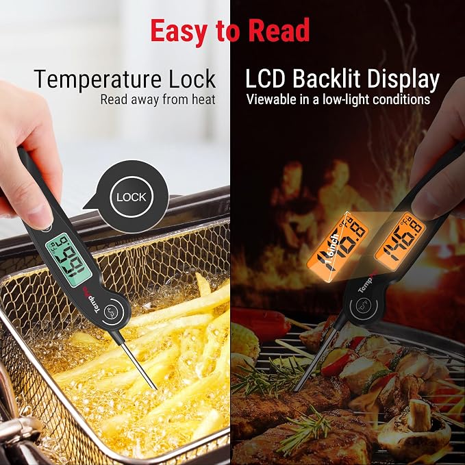 TempPro TempSwift Instant Read Meat Thermometer for Cooking | Waterproof Digital Food Thermometer with Large Backlit LCD, Kitchen Thermometer for Grilling, Smoking & Candy Making