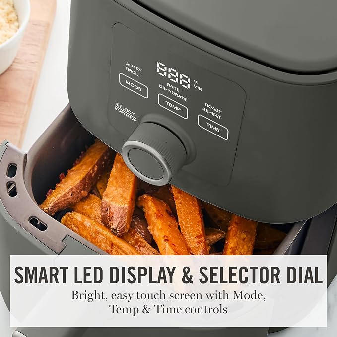 Martha Stewart 6-Quart Air Fryer, 6 Presets, Space Saving, Caviar Gray | 3lb Capacity, PFAS-Free Ceramic Nonstick Basket & Tray, Bake, Roast, Broil, Dehydrate, Reheat, Shake Reminder, Heat up to 400