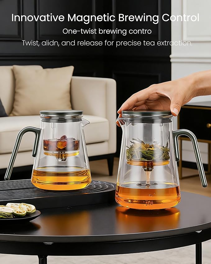 ZENS Magnetic Teapot, 34oz Magic Glass Infuser Pot for Loose Tea Steeper | Glass Teapot with Infusers for Loose Tea Steeper, Echanted Tea Pot for Herbal Tea Lovers, Dark Green
