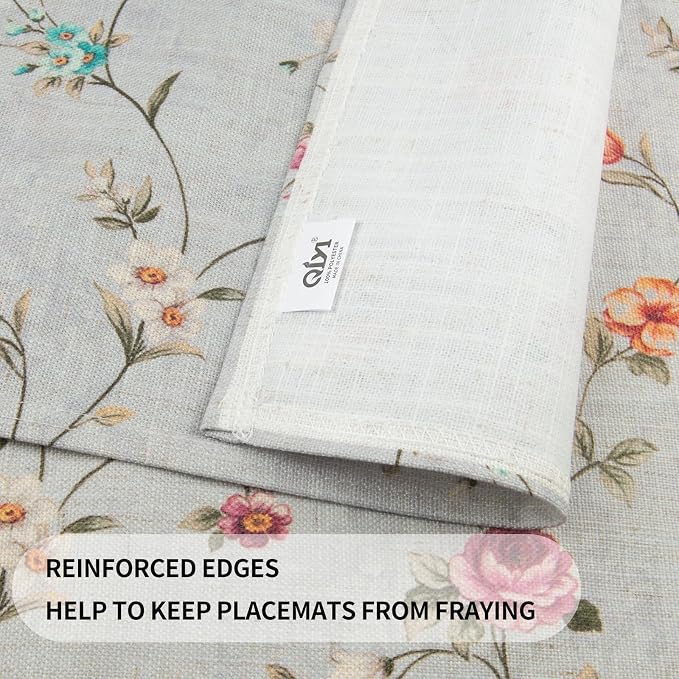 QIYI Boho Table Placemats Set of 6, 12"x18" Linen Place Mats, Pink Flowers | Fabric Place Mats for Kitchen Dinning, Farmhouse Rustic Cloth Table Mats, Washable Placemat Party Table Décor