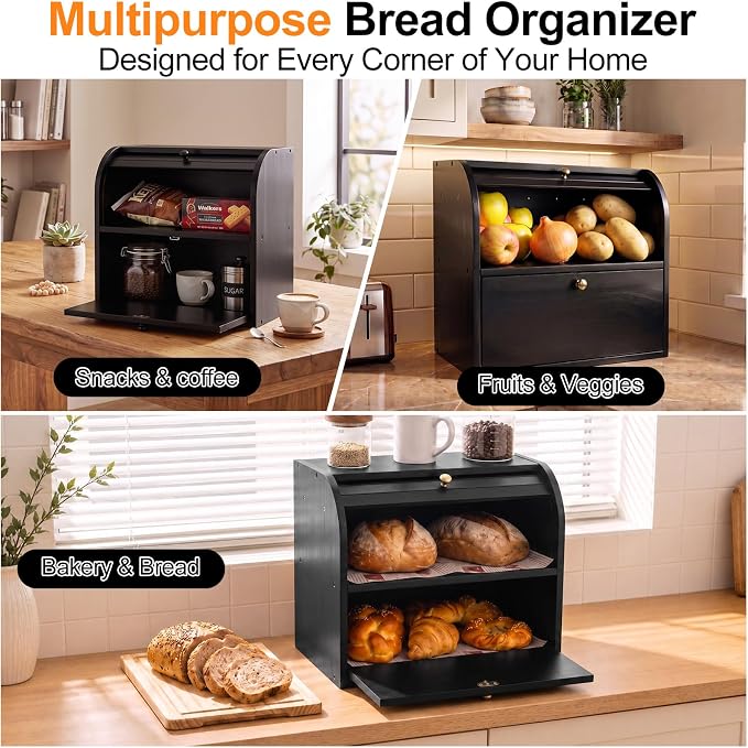 Alpeir Roll Top Bread Box with Cutting Board for Kitchen Countertop, Black | Large Breadbox with Ventilation Holes, Double Layer Pantry Shelf, Wooden Homemade Bread Storage Container, Vintage Farmhouse