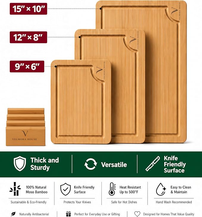 Bamboo Cutting Boards for Kitchen - Premium Carbonized Bamboo Cutting Board Set of 3 with Deep Juice Groove, Side Handles & Stand, Heavy Duty for Meat, Charcuterie & Serving