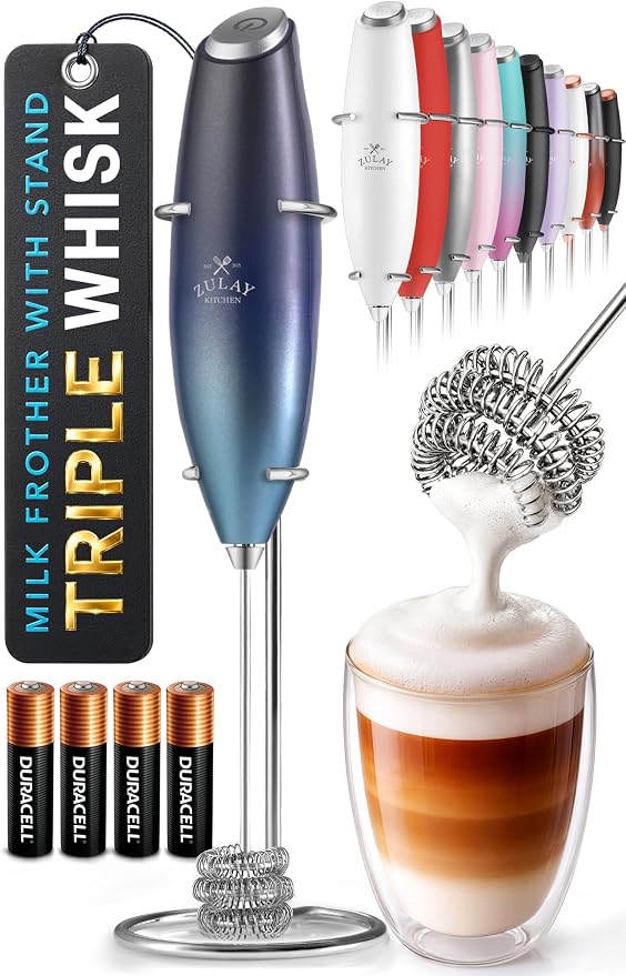 Zulay Kitchen Powerful Milk Frother Wand With Duracell Batteries - Ultra Fast Handheld Drink Mixer - Electric Whisk Foam Maker for Coffee, Lattes, Cappuccino & Matcha - Triple Whisk - Ocean Depth