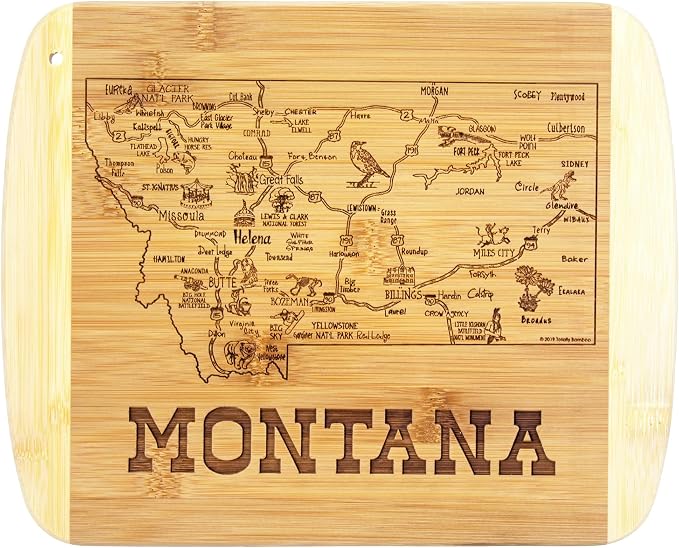 Totally Bamboo A Slice of Life Montana Engraved Map Cutting Board | 11” x 8.75” charcuterie board with engraved state map artwork. Smooth reverse side for food prep. Hang tie for wall display.