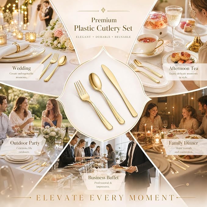 180 Count Gold Plastic Silverware Set - Heavy Duty Disposable Cutlery (60 Forks, 60 Knives, 60 Spoons) - BPA-Free Gold Flatware for Wedding, Party, Baby Shower, Thanksgiving
