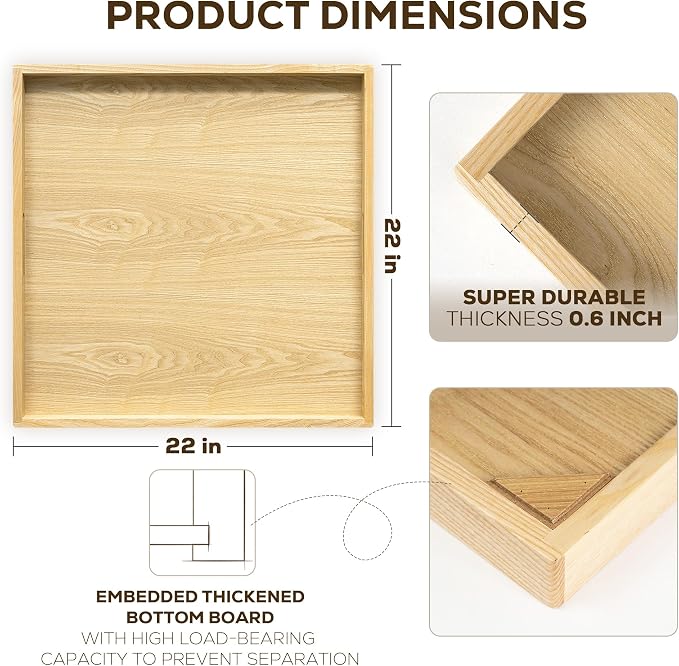 22 Inch Large Square Wooden Ottoman Tray for Living Room|Extra Large Serving Tray with Handles for Coffee Table, Breakfast|Decorative Wood Tray for Ottoman Couch Sofa Kitchen|Natural