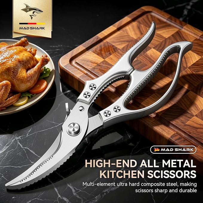 MAD SHARK Heavy Duty Poultry Shears,Spring Loaded Kitchen Shears,Dishwasher | Non-Slip Handle Kitchen Shears, Safety Lock, All Purpose Kitchen Scissors for Chicken, Meat Cutting, Turkey, Fish, Vegetables