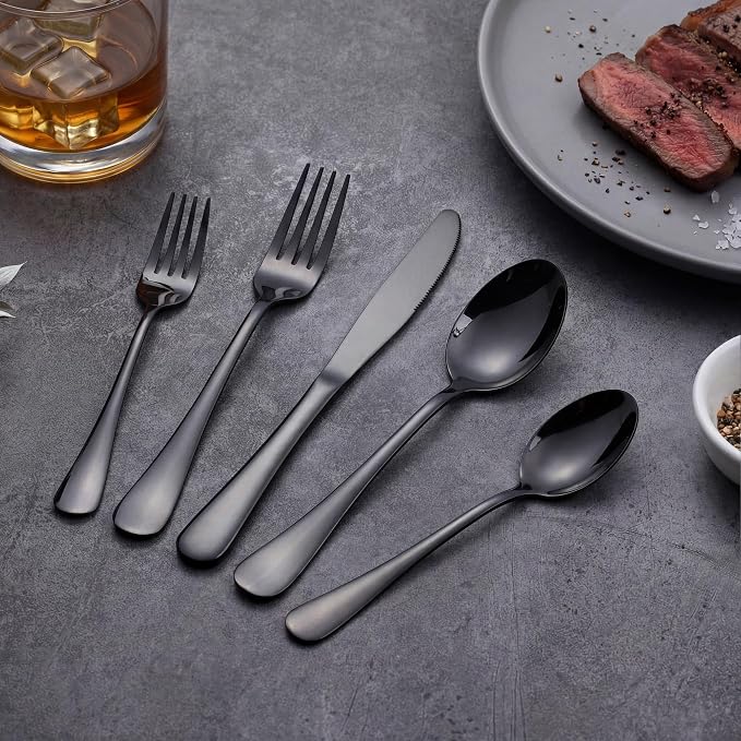 LIANYU 20 Piece Black Silverware Set, Stainless Steel Flatware Cutlery Set | Service for 4, Mirror Finish, Dishwasher Safe