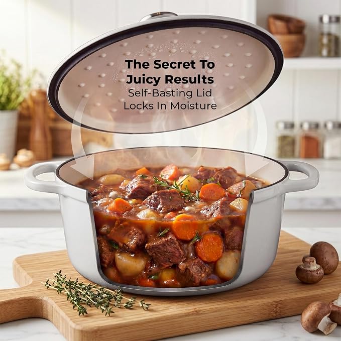 Zulay Kitchen 6.4QT Enameled Cast Iron Dutch Oven Pot with Lid, Heavy-Duty Soup Pot for Stews, Braising, Roasting & Sourdough Bread Baking, Oven Safe up to 500°F - White
