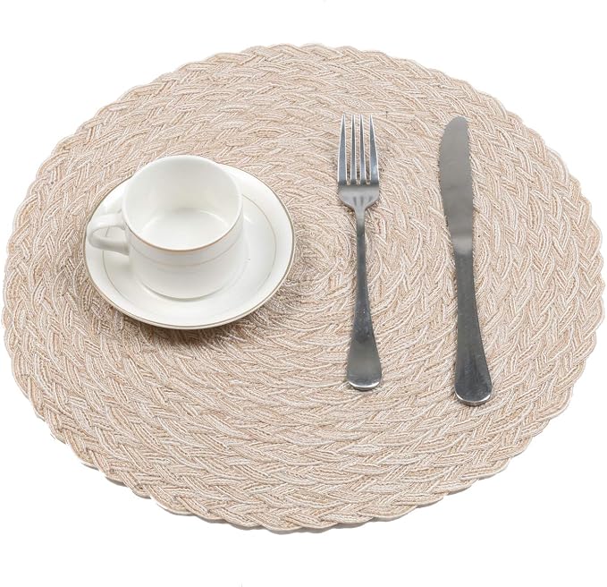 SHACOS Round Braided Placemats 15 inch Set of 4 Boho Woven Washable Kitchen Table Placemats for Home Wedding Party (T-Beige, 4)