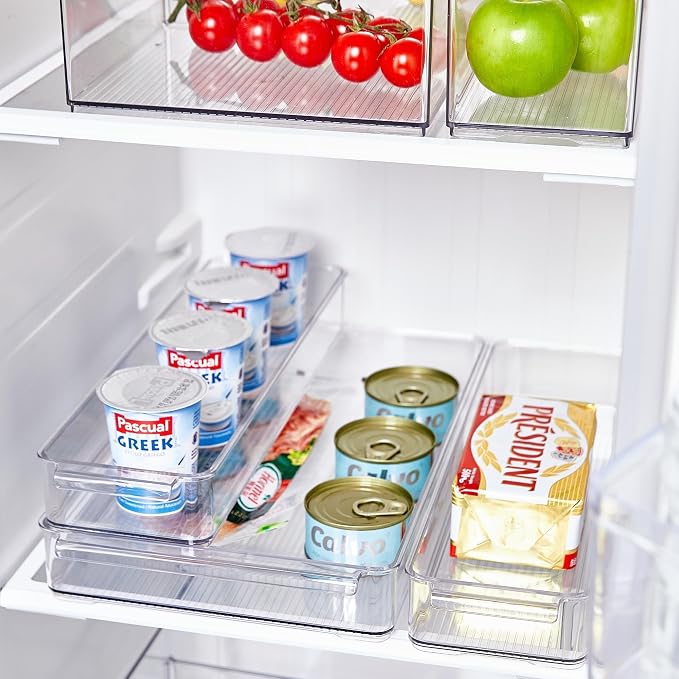 Stackable Freezer Organizer, Flat Produce Saver Sliced Cheese Container with Lids, Freezer Storage Containers Food Storage Tray for Fruits, Vegetables, Meat