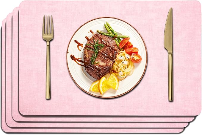Maxpearl Faux Leather Placemats Set of 4, Easy to Clean, Peachy Pink | Waterproof - Heat Resistant - Non Slip - Wipe Clean Dining Table Place Mats, Suitable for Indoor & Outdoor Use, 17''×12''