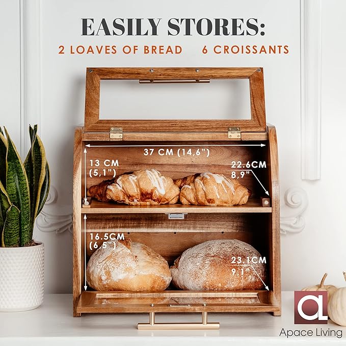Arise Acacia Wooden Bread Box for Kitchen Countertop, Extra Large 2-Shelf | Bread Storage Container with Clear Windows & Air Vents, Bread Bin & Keeper, Keeps Bagels, Rolls & Buns Fresh, Self Assembly