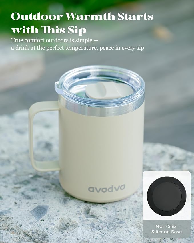 12oz Insulated Coffee Mug with Lid – Includes Two Lids, Stainless Steel Coffee Travel Mug with Handle, Double Wall Vacuum Insulated Camping Mug for Home, Office & Outdoor, Brown
