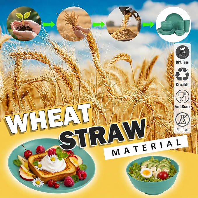 Unbreakable Wheat Straw Dinnerware Set 16 PCS - Kids Plates and Bowls Set for 4,Dishwasher & Microwave Safe Lightweight Toddler Plates and Bowls Set for Party Camping Kitchen - Green