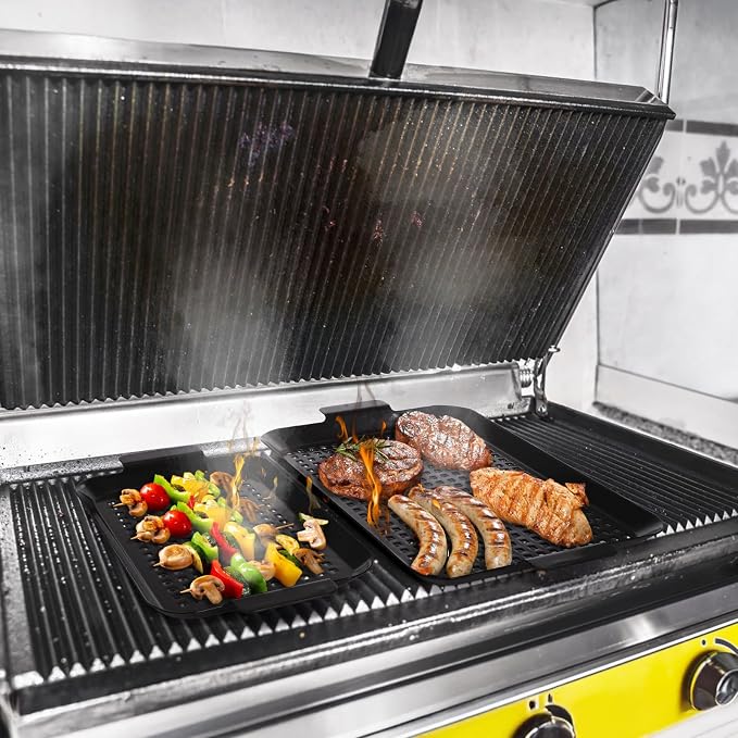 Covzoe 2 Pack Grill Pans, Nonstick Grill Topper for Outdoor Grill, BBQ Grilling Baskets with Perforated Bottom, Heavy Duty Carbon Steel Grill Grid for Cooking Camping, 16.5" x 10" and 13" x 7.4"