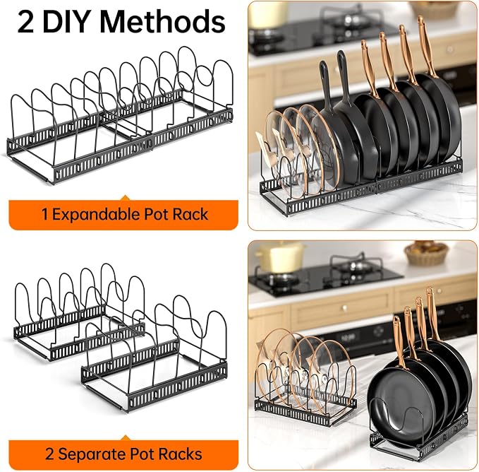 MUDEELA Expandable Pot Pan Lid Organizers inside Cabinet, 10 Divider 2-Pack | Expandable 11.8–22.9", 10 Adjustable Divider, Tool-Free Assembly, Non-Slip, Scratch-Proof, For Pan Lid Cutting Board Bakeware