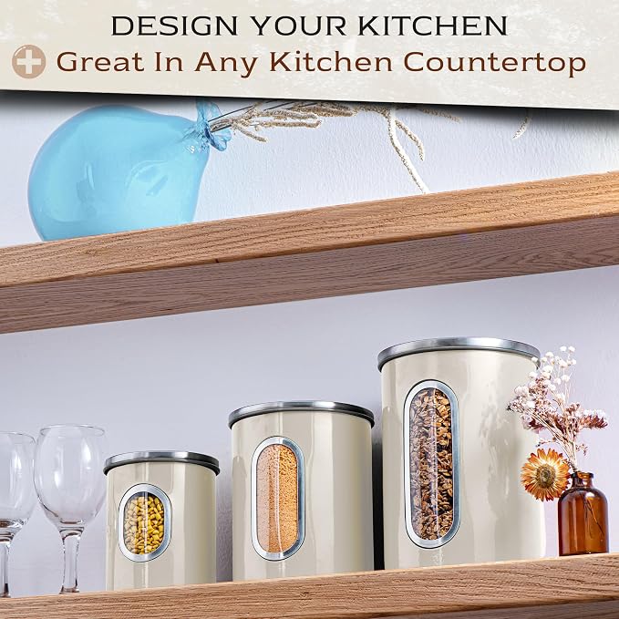 Moss & Stone 3-Pcs Beige Canisters Set for Kitchen Storage Airtight Jars | See-through window, coffee container, tea organizer, sugar canister, 3 nesting sizes, counter decor, easy press-on lids