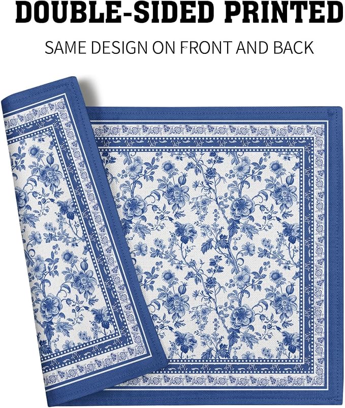 Blue Floral Branches Placemats Set of 4 ，12 x 18 Inch Chinoiserie Table Mats Washable Heat Resistant Linen Fabric Rectangle Place Mat for Indoor Outdoor Kitchen Dining Home Decor
