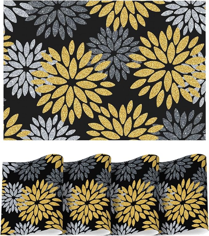 Artoid Mode Floral Vinyl Placemats Set of 4, 12x18 Inch New Year Washable Non-Slip Plastic Vinyl Place Mats for Party Kitchen Dining Decor, Yellow Black