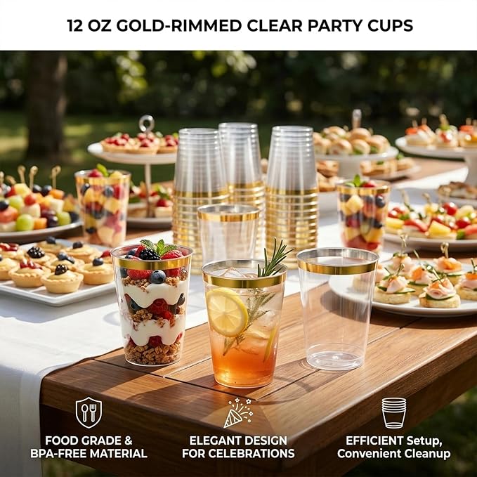Byvivace 12oz Clear Plastic Cups with Gold Rimmed Sturdy & Food Safe Disposable Wine Glasses Wedding Cups Party Cups Plastic Cocktail Glasses for Wine, Juice, Cocktails and Cold Beverages [100 Pack]
