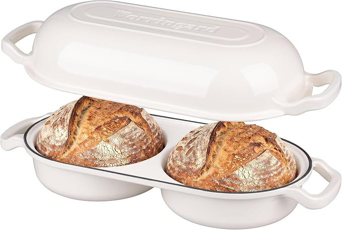 Enameled Cast Iron Double Dutch Oven with Lid, Dual Round Loaf Pan, Bread pan for Homemade Sourdough Bread Baking, White