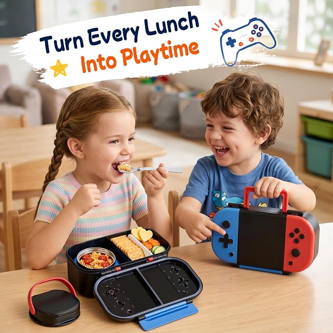 Kids Lunch Box with 9oz Thermo, Game Bento Box for Boys & Girls, 2-Compartment Meal Container with Stainless Steel Spoon & Sauce Cup, Food-Grade, Dishwasher Safe, Ideal for School & Travel (Blue/Red)