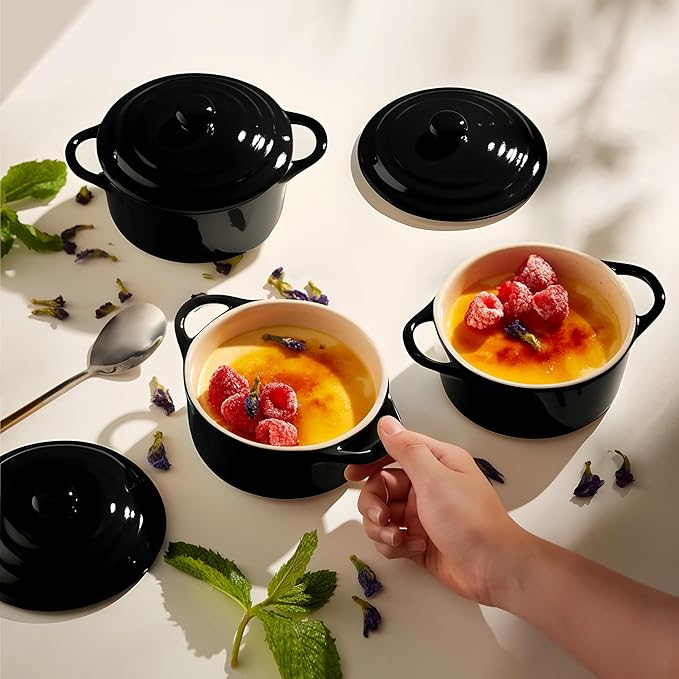 Kook Ceramic Mini Cocotte Set, Small Casserole Dishes with Lids and Handles, Individual Baking Ramekins, Oven safe 350F, Microwave & Dishwasher Safe, Stoneware, 12 oz, Set of 4, (Black)