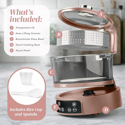 COOK WITH COLOR Glass Mini Low Carb Rice Cooker – Holds 2 Cups Raw/Makes 6 Cups Cooked with Auto Lift Filter Basket, Hotpot & Steamer for Rice, Grains, Digital Panel with Keep Warm, Dusty Rose